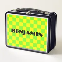 Green and Yellow 90s Checkerboard Design Metal Lunch Box