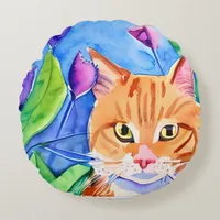 Colorful Watercolor Art | Orange Cat and Flowers Round Pillow