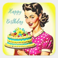 Retro Woman holding a Vintage Cake Husband's Bday Square Sticker