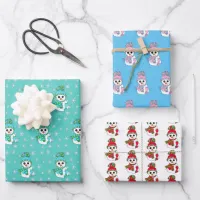 Teal, Pink, Blue Snowman Christmas Wrapping Paper Sheets