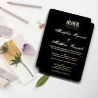 Monogram Elegant Black and Gold Wedding  Foil Invitation