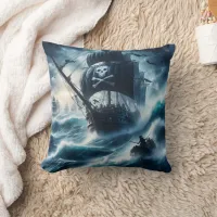 Pirate Ship Battling Stormy Seas at Twilight Throw Pillow