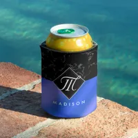 Elegant Black Marble & Royal Blue Foil Monogram Can Cooler