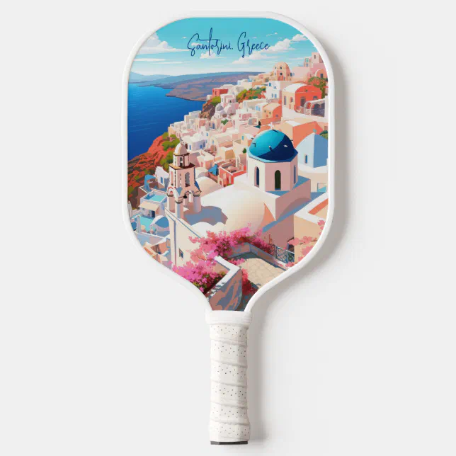 Illustration of Santorini Island Greece Travel Art Pickleball Paddle