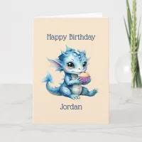 Cute Blue Baby Dragon Eating a Cupcake Card