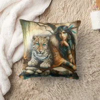 Native Woman With Tiger by Water Throw Pillow