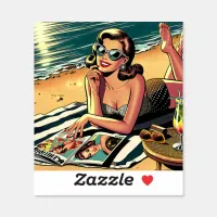 Retro Woman at Beach reading a Fashion Magazine Sticker