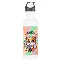 Cute Kawaii Kitten with Bubble Tea Personalized Stainless Steel Water Bottle