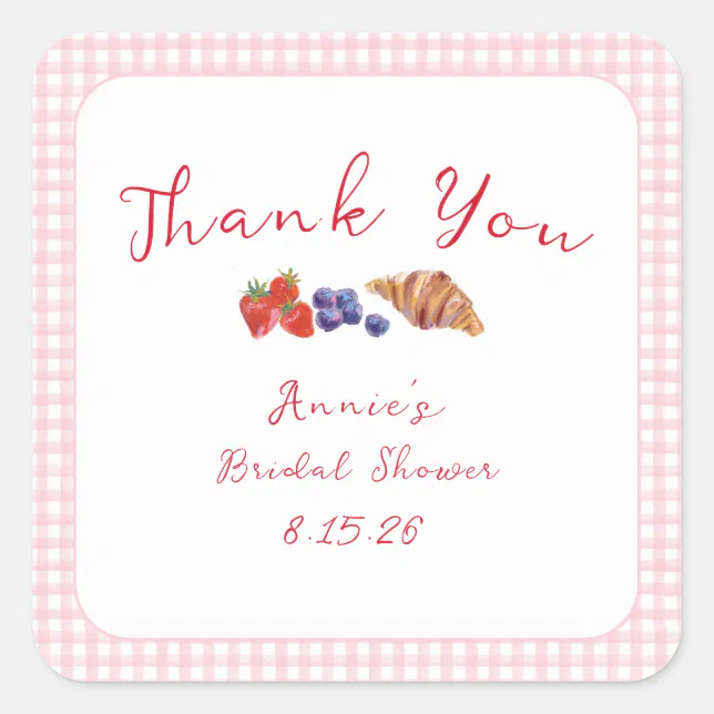 Gingham Brunch Bridal Shower Light Pink Thank You Square Sticker