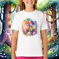 Pretty Watercolor Anime Girl and Fox T-Shirt