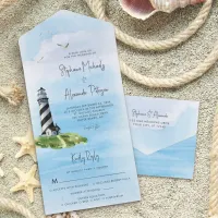 Lighthouse Watercolor Nautical Wedding All In One Invitation