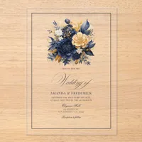 Transparent Navy Blue and Gold Floral Wedding Acrylic Invitations