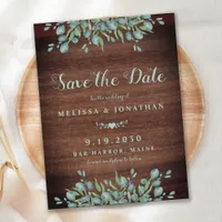 Rustic Wood Watercolor Eucalyptus Greenery Wedding Announcement Postcard