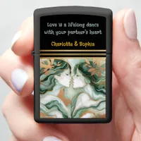 Two ethereal figures share a kiss zippo lighter