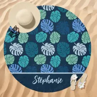 Blue and Green Tropical Monstera Leaf Custom Name Beach Towel