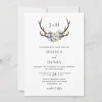 Rustic Boho Floral Stag Antlers Wedding Photo Invitation