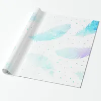 *~* Ombre Turquoise Blue Magenta Feathers on White Wrapping Paper