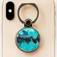 Teal, Black and Blue Swirled Fluid Art Marble Phone Ring Stand