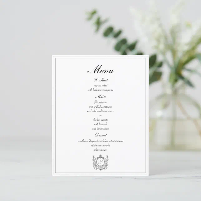 Classic Formal Black & White Wedding Crest Menu