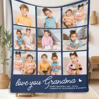 Grandma Custom Modern Navy Blue 9 Photo Collage  Fleece Blanket