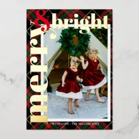 Modern Bold Plaid Merry & Bright Family Photo Foil Holiday Card