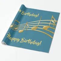 Birthday teal green gold music notes wrapping paper