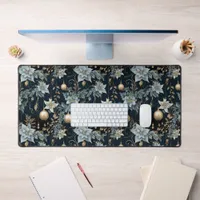 Blue and Gold Christmas Ornaments Poinsettias Desk Mat