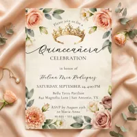 Vintage Watercolor Floral Gold Crown Quinceañera Invitation
