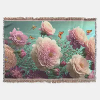 Vintage peonies in pink and burgundy throw blanket