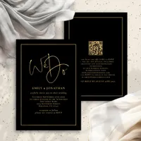 We Do Gold Script Line Border QR Black Wedding Invitation