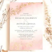 Modern Gold Flecks Blush Pink Watercolor Wedding Invitation