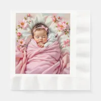 Pink Floral Baby Girl and White Kitten Napkins