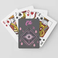 Hamsa Hand with Evil Eye and Hearts Pink on grey Poker Cards