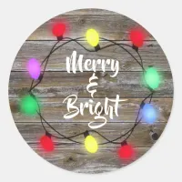 Rustic Wood Merry and Bright Christmas Lights Classic Round Sticker