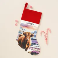 Highland Cow Snow Watercolor Custom Name Christmas Christmas Stocking