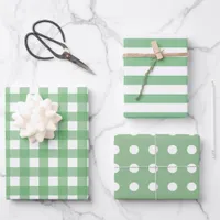 Green White Gingham Dots Striped Matching  Wrapping Paper Sheets