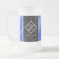 Elegant Black Marble & Royal Blue Foil Monogram Frosted Glass Beer Mug