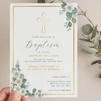 Elegant Gold Cross Baptism Invitation 