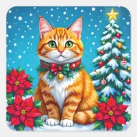 Cute Festive Orange Cat Christmas Square Sticker