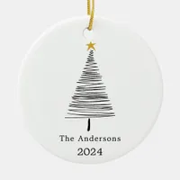 Black white simple Christmas tree family name Ceramic Ornament