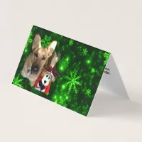 German Shepherd, Toy Reindeer, Green Snowflakes