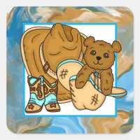 Cowboy Teddy Bear Boy’s Teddy Bear Baby Shower  Square Sticker