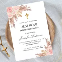 Pampas grass rose blush first holy communion invitation