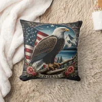 American Bald Eagle Perched by Mountain Lake Throw Pillow