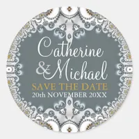 White Gold Lace Wedding Announcement Sticker