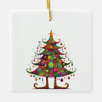 Wacky Whimsical Christmas Tree, Bright Colors Ceramic Ornament