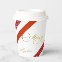 Gold Script Glitter Red White Family Christmas Paper Cups