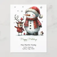 Cute Snowman and Reindeer Happy Holidays Postcard