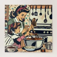 Cute Retro Mom and Daughter Baking Together Jigsaw Puzzle