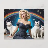 Blond Woman White Cats Rainbow Postcard